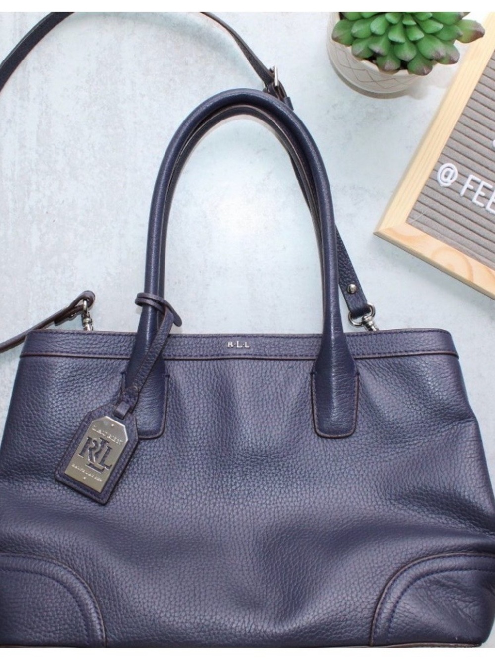 Ralph Lauren Navy Leather Satchel with Gold Hardware - Picture 9 of 16